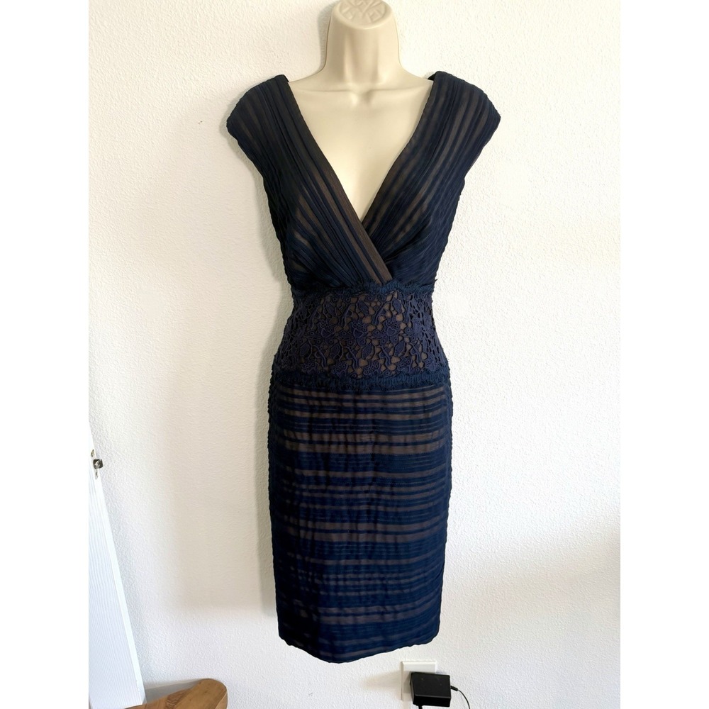 Tadashi Shoji Cocktail Dress Sz 6 Navy Chiffon & Lace Sheath Sleeveless Formal